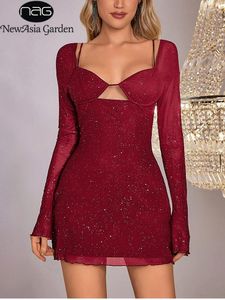 Casual Dresses Asia Bell Sleeve Backless Cut Out Mini Dress Adjustable Straps Sequin Mesh Bodycon Party Club Short