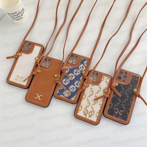 Luxurious Trendy Design Ce Phone Case for iPhone 15 14 Plus 13 12 Pro Max 11 X Xs Xr Leather Cross Body Shoulder Neck Strap Portable Cellphone Cover