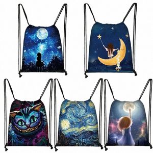 Galaxy / Starry Night Print DrawString väskor Kvinnor resväska fi tonåring flickor duk softback ryggsäck kvinnlig lagringspåse z4cy#