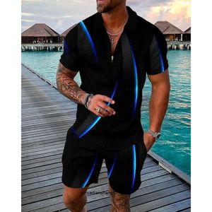 Mens Fashion Casual Suit Printing Zipper Short Sleeve Polo Shirt Shorts Two-piece Set V7av