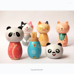 Bottiglie di stoccaggio Simpatico panda Porta stuzzicadenti Contenitore Ornamenti artistici in legno Dispenser per stuzzicadenti con vernice fatta a mano Home Restaurant El Decorazione