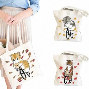 Kawaii Cat Print Womens Designer Tote Bags Linho Reutilizável Shop Bag para compras Bolsas de ombro para Lady Cute Tote Bag F0Pg #