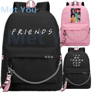Çantalar arkadaşlar tv şovu hayranları usb bağlantı noktası backpack okul kitap çantası mochila seyahat dizüstü bilgisayar zinciri öğrenci kulaklık erkek kızlar için