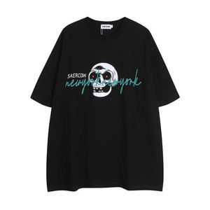 High Street American Dark Wind Skull Head Printed Trendy Brand VTG Kort ärm Hip Hop Loose Par T-shirt för män och kvinnor