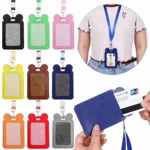 pu Leather Name Badge Holder Work Card Credit Cover Case Cute Carto Cat With Lanyard Multifunctial Statiery Supplies x9Ke#