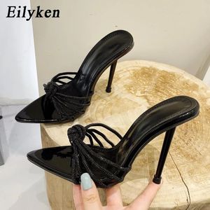 Eilyken Sexy High Heels Slipper for Women Summer Fashion Crystal n Bande Top Slajdes Stripper Party Sandal Mule Buty 240318