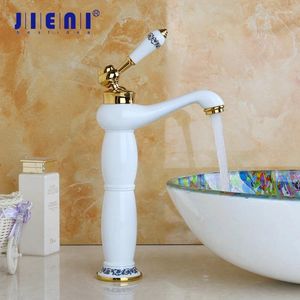 Bathroom Sink Faucets JIENI White Waterfall Faucet Ceramic Handle Finish Basin & Cold Mixer Deck Mounted Painting Tap