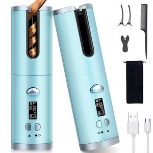 Cordless Hair Curler Automatic Rotating Curling Iron Portable Wireless Rechargeable Wand LCD Display Ceramic 240325