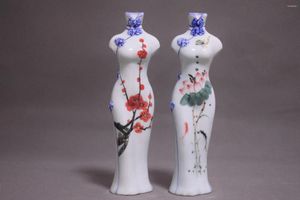Vasos 2 pcs coletar raro china pintado à mão flor cheongsam vaso de porcelana decoração de casa