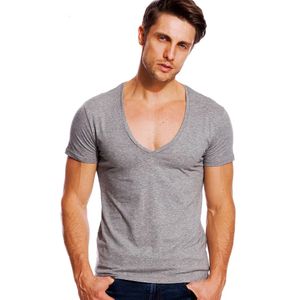 Derin V Boyun T-Shirt Erkek Moda Sıkıştırma Kısa Kollu Tişört Erkek Kas Fitness Sıkı Yaz Top Tees 240320