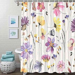 Cortinas de chuveiro tradicionais coloridas aquarela flores silvestres ervas banheiro frabic cortina de banho de poliéster à prova d'água com ganchos