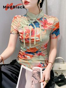 Women's T Shirts Madblack Chinese Style Clothes T-shirt Women Mandarine Collar Slim Tops Short Sleeve Elastic Tees Summer 2024 T43446JC