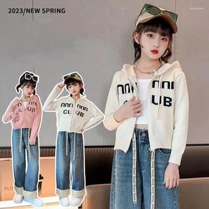 Jackets Korean Spring Autumn Junior Girl Knitted Cardigan Teenager Letter Embroidery Sweater Coat School Hooded Knitwears