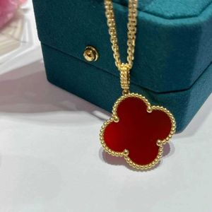 Hot Van Four Leaf Grass Necklace Womens V Gold Thick Plated 18K Rose Large Red Chalcedony Pendant