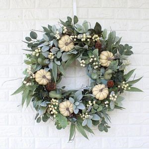 Flores decorativas ficar sozinho outono branco abóbora grinalda decoração para casa simulação porta pendurado para decorações do feriado