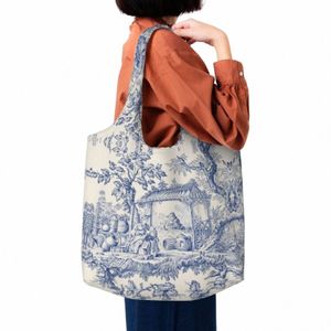 printing Vintage Classic French Toile De Jouy Navy Blue Motif Pattern Shop Tote Bag Reusable Canvas Shopper Shoulder Handbag Q6UY#