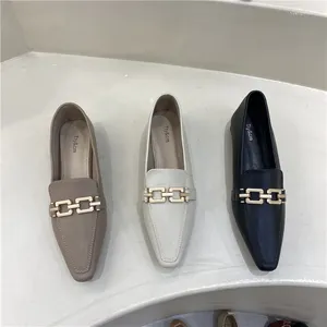 Casual Shoes Metal Chain Flats Woman Small Square Toe Moccasins Slip On Low Heels Loafers Sneakers Soft Pu Leather Ladies Office 2024