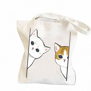 Carto Vintage Hip Hop Shop Bag Женские сумки на ремне Kawaii Cute Cat Сумки большой емкости Harajuku Canvas Bag Funny Girls L62h #