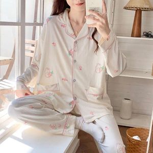 Women's Sleepwear Long Sleeve Trousers Sweet Cute Pajama Set Spring Autumn Lapel Cardigan Thin Cartoon Homewear Suit 2024