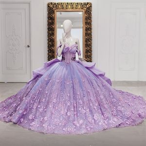 Liliowa błyszcząca suknia balowa quinceanera sukienki z aplikacji shouler koronkowe kwiat z koralikami Tull imprezowe sukienki vestidos 15 xv anos