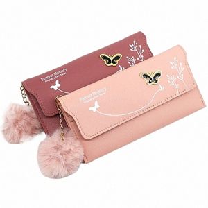 fiable New Women Lg Wallets Pure Color Wool Ball Bow Clutch Bag Women's Lg Bag Card Bag Coin Purse W43g#