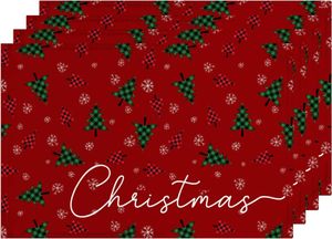 テーブルマットクリスマスツリープレースマットダイニングホリデーパーティーの装飾のための4つのスノーフレークレッドリバーシブルの4つのリバーシブル場所12x18で
