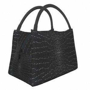 Black Crocodile Skin Leather 3D Print Isolated Lunch Tote Bag For Women Alligator Texture Crespable Thermal Cooler Bento Box G67E#