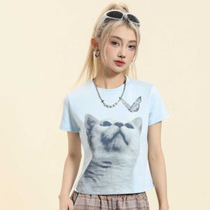 Butterfly Cat Slim Fit Short Sleeved T-shirt Womens Round Neck Shoulder Summer Casual High Street Fashion Brand