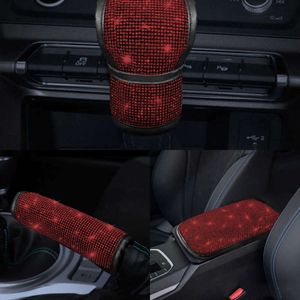 Upgrade Bling Women Grils Car Accessories Handbrake Gear Shift Rearview Mirror Armrest Cover Shoulder Pad Red Rhinestone Decoration Set