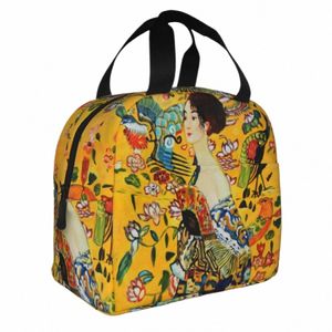 gustav Klimt Insulated Lunch Bags Portable Lady with Fan Reusable Cooler Bag Tote Lunch Box Beach Outdoor Girl Boy r8R3#