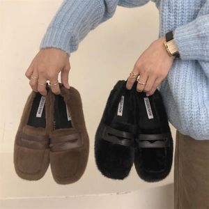 Casual Shoes Winter Cut Out Band Fur Moccasins Femme Warm Plush Gravid Women Cotton Flats Square Toe Soft Bottom Fleeces Loafers 2024
