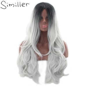 Wigs Similler Women's Ombre Synthetic Wigs Long Curly Heat Resistant Hair Black To Grey Central Part