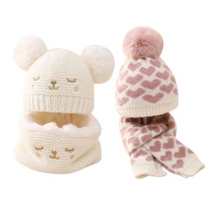 Outono infantil bebê menina inverno quente gorro chapéu macio malha boné e velo forrado cachecol conjunto traje acessórios 240311