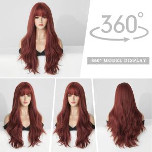 7jhh peruker mörkröd vågig peruk för kvinna daglig fest cosplay långa lockiga hår peruker med lugg naturligt syntetiskt hår burgund peruk