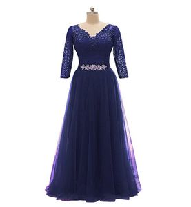 Capped V Neck Long Evening Dresses 2019 långa ärmar Kvällsklänningar Empire Midjeparty Klänning Purple Navy Blue7501853