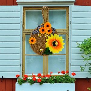 Party Decoration Artificial Sunflower Wreath With Lanyard Round Honeycomb Design Ornament Bee Day Door Yellow Peony Flower