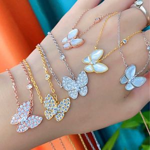 Hot Van Full Diamond Butterfly Necklace Female Sterling Silver Plated 18K Neckchain Rose Gold Color White Beimu Pendant Collar Chain