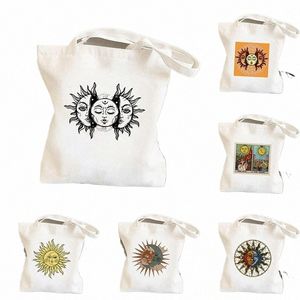 Women Shopper Bag Sun and Mo tryckt Kawaii Bag Harajuku Shop Canvas Shopper Bag Girl Handväska Tote Shoulder Lady B6NV#