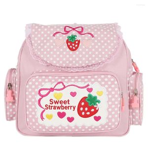 School Bags Kawaii Student Bookbag Cute Strawberry Embroidery Outdoor Daypack Dots Multi-Pocket Nylon Fashion College For Teenager Girl