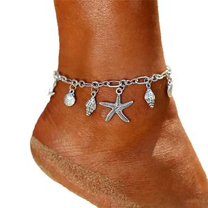 Tornozeleiras boêmias com pingente de estrela do mar, tornozeleiras femininas da moda, cor sier, pulseiras de tornozelo na perna, acessórios de praia boho