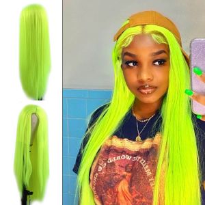 Peruker fluorescerande grönt syntetiska hår peruker lång rak mellersta del före plockat naturligt gult hår cosplay del peruk för kvinnor flicka