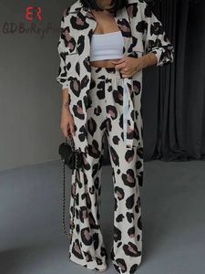 Leopard Tryckt Elegant Womens Set Casual Streetwear Long Sleeve Tops Wide Leg Pants Tracksuit Two Piece Set Womens Outifits 240328