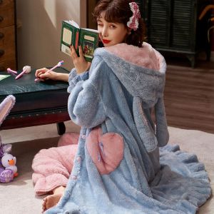 Winter Flannel Pajamas Sets For Women Cute Rabbit Ears Hooded Nightgown Thicken Warm Sleepwear Sweet Girls Pyjamas Sleep Dress