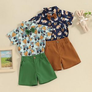 Set di abbigliamento Bambino Bambino Neonato Abiti pasquali Stampa carota Papillon Camicie a maniche corte Pantaloncini tinta unita 2 pezzi Vestiti