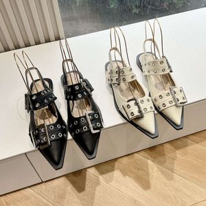 Internet Celebrity Hot Selling Fashion Pointed Metal Buckle with Chicken Eye Hole Hole, Toe Wrapped Back Air Sandals, Flat Heel Low Cut Mueller Single Shoes