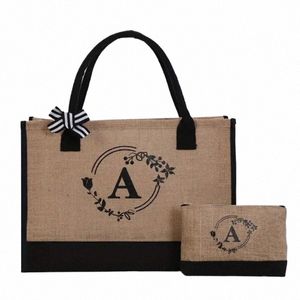 Set di lettere stampate riutilizzabili in iuta di grande capacità Borsa tote da donna Negozio Borsa regalo fai da te per feste Negozio w8rU #