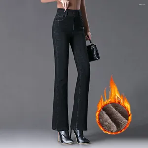 Kadınlar Kot pantolon Kış Velvet Astar Polar Flare Sıcak Elastik Bant Bel Streç alevlendirilmiş denim artı 6xl