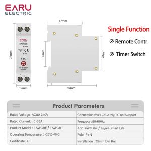 Tuya Ewelink WiFi Smart Circuit Breaker MCB 1P 63A Power Energy KWH Spänningsströmmätare Protector Voice Remote Control Switch Switch