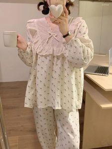 Hemkläder spets koreansk söt båge slips lös skarv vår lång ärm pyjama set kvinnor blommor blommor kawaii casual nightdress