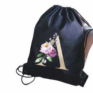 golden Letter Print Men Women Black Swimming Sports Bags Waterproof Foldable Gym Bag Fitn Backpack Drawstring Bag Simple w4By#